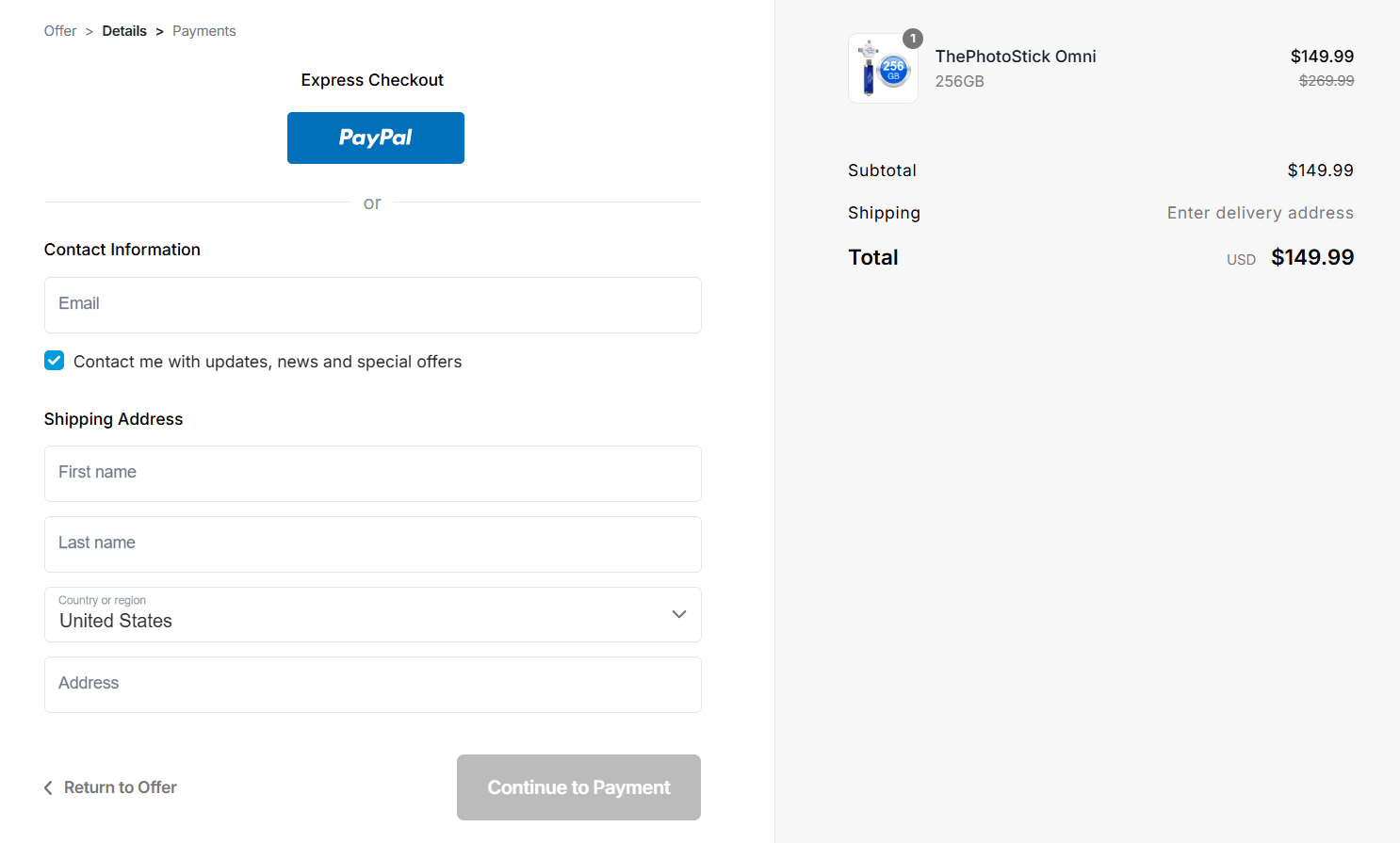 ThePhotoStick checkout page